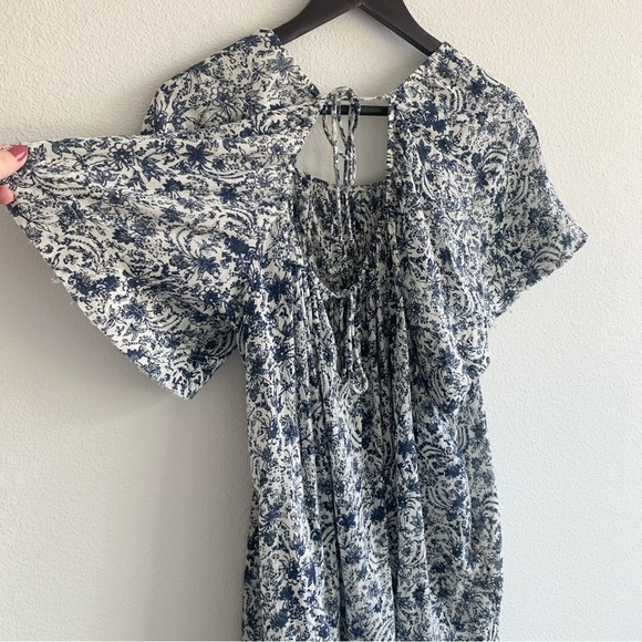 Free People Flowy Blue and White Floral Mini Dress Short Sleeves - Picture 5 of 5